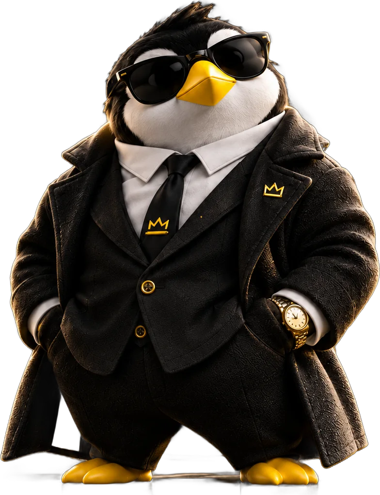 Big Boss, o mascote estrategista do NIMO Club, de terno preto e óculos escuros